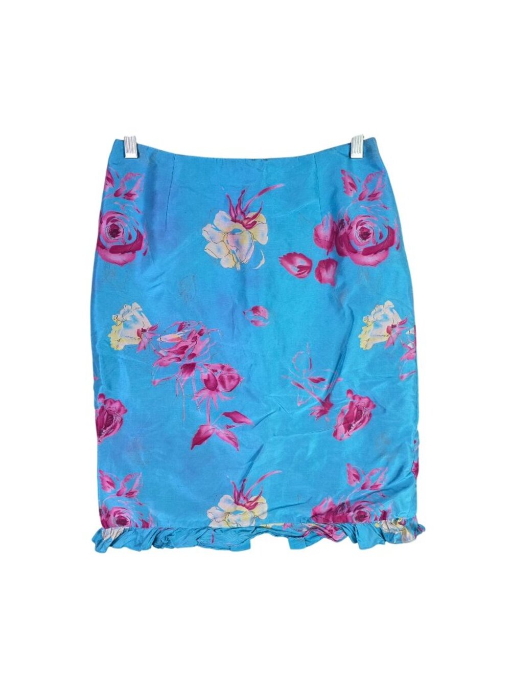 Womens Chetta B Blue & Pink Floral 100% Silk Pencil Skirt Ruffle Hem Size 4